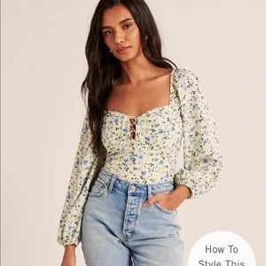 Abercrombie & Fitch Puff Sleeve Lace-Up Sweetheart Blouse